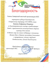 Благодарность от организации ВОС